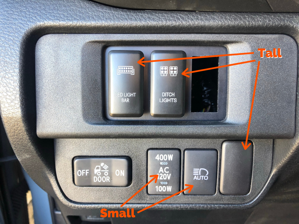 Installed comparison showing sizing differences between small and tall switches - Cali Raised LED